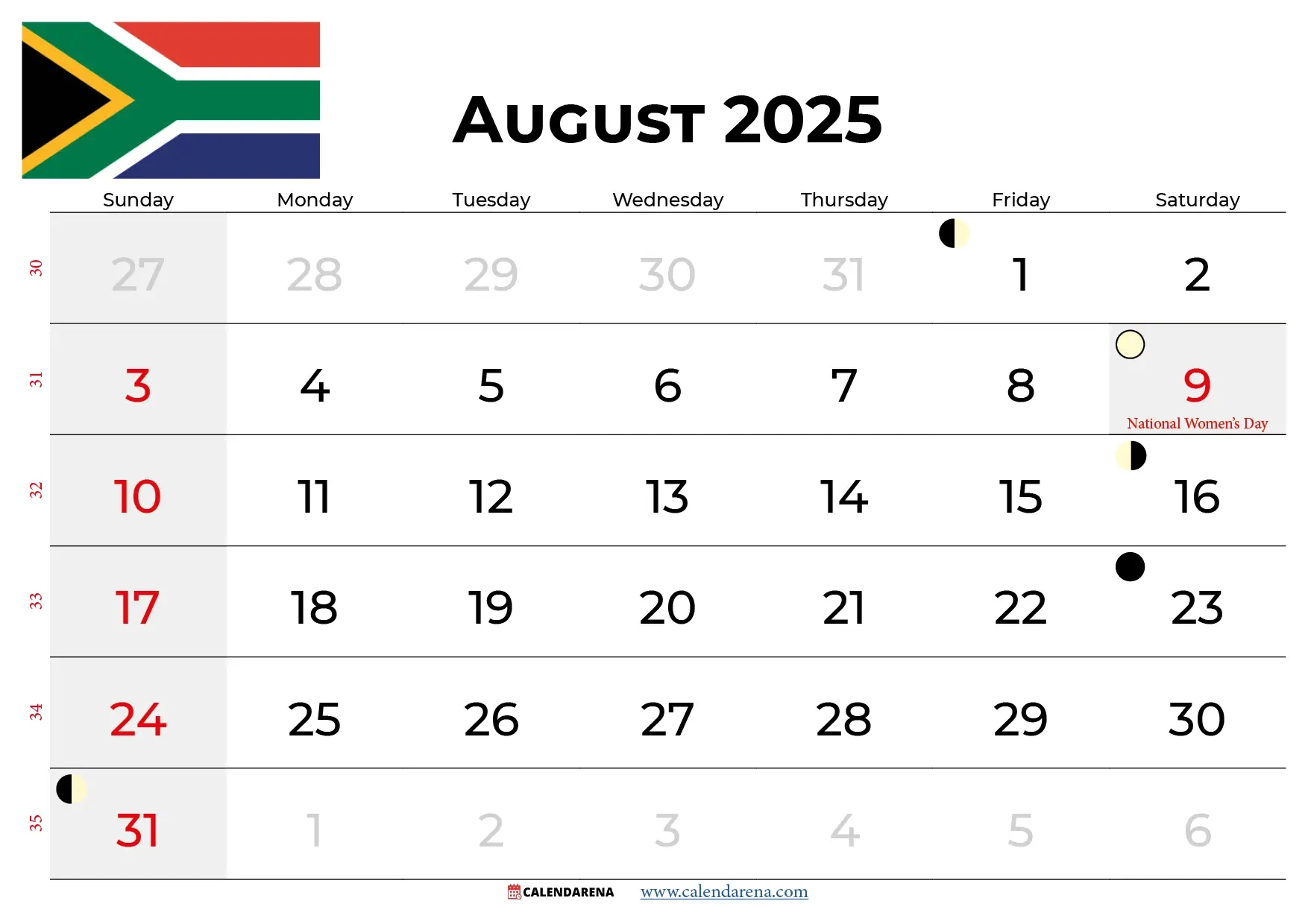 August Calendar 2025 South Africa - Free Printable Calendar 2025 South Africa With Public Holidays