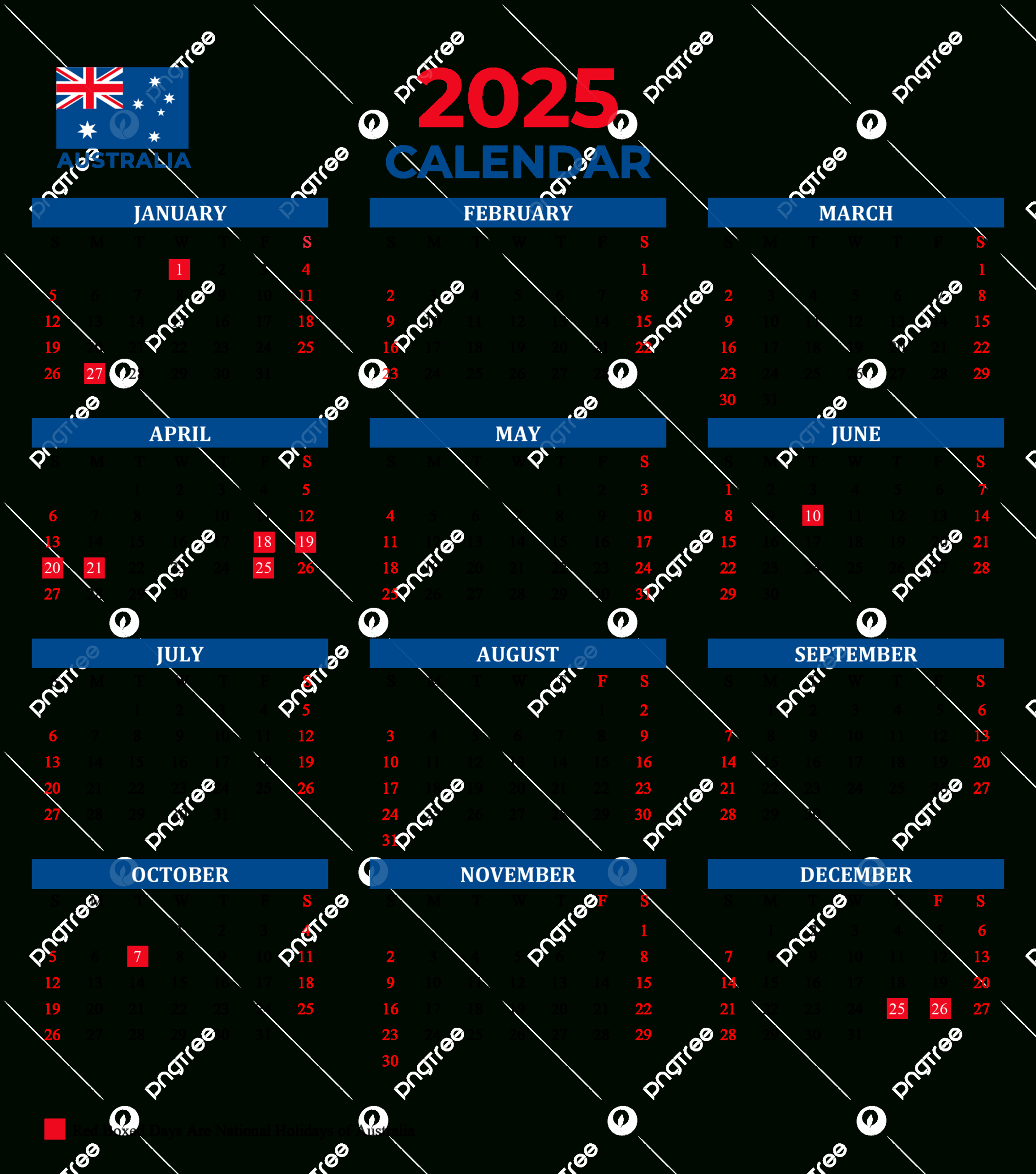 Australia 2025 Yearly Calendar With National Holidays Vector, 2025 - Printable Calendar 2025 Australia