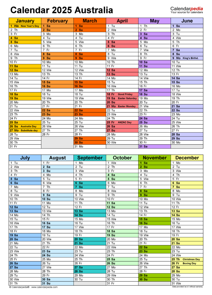 Printable Calendar 2025 Australia Excel