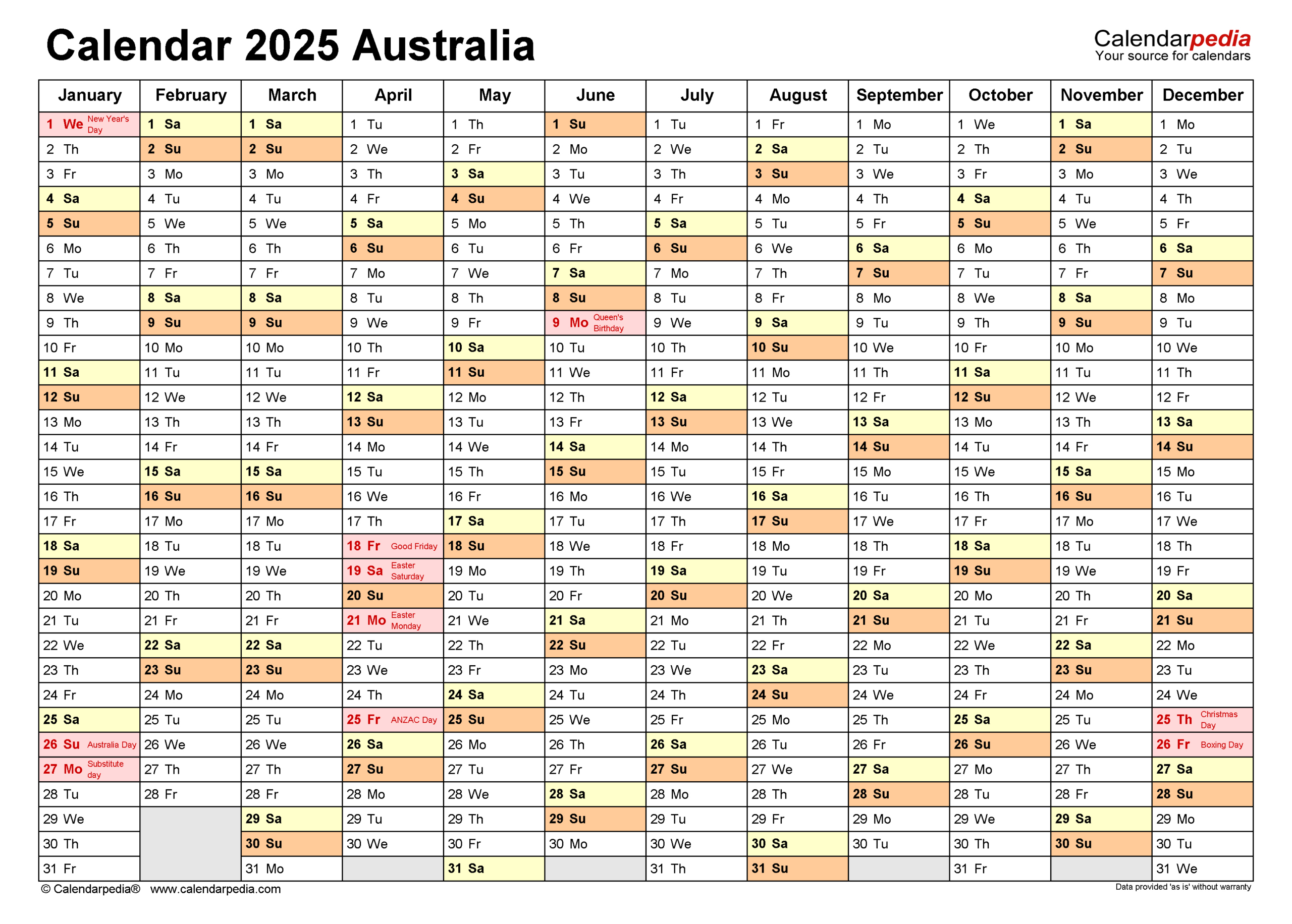 Australia Calendar 2025 - Free Printable Excel Templates - Printable Calendar 2025 South Australia