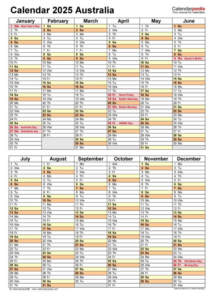 Printable Calendar 2025 Western Australia