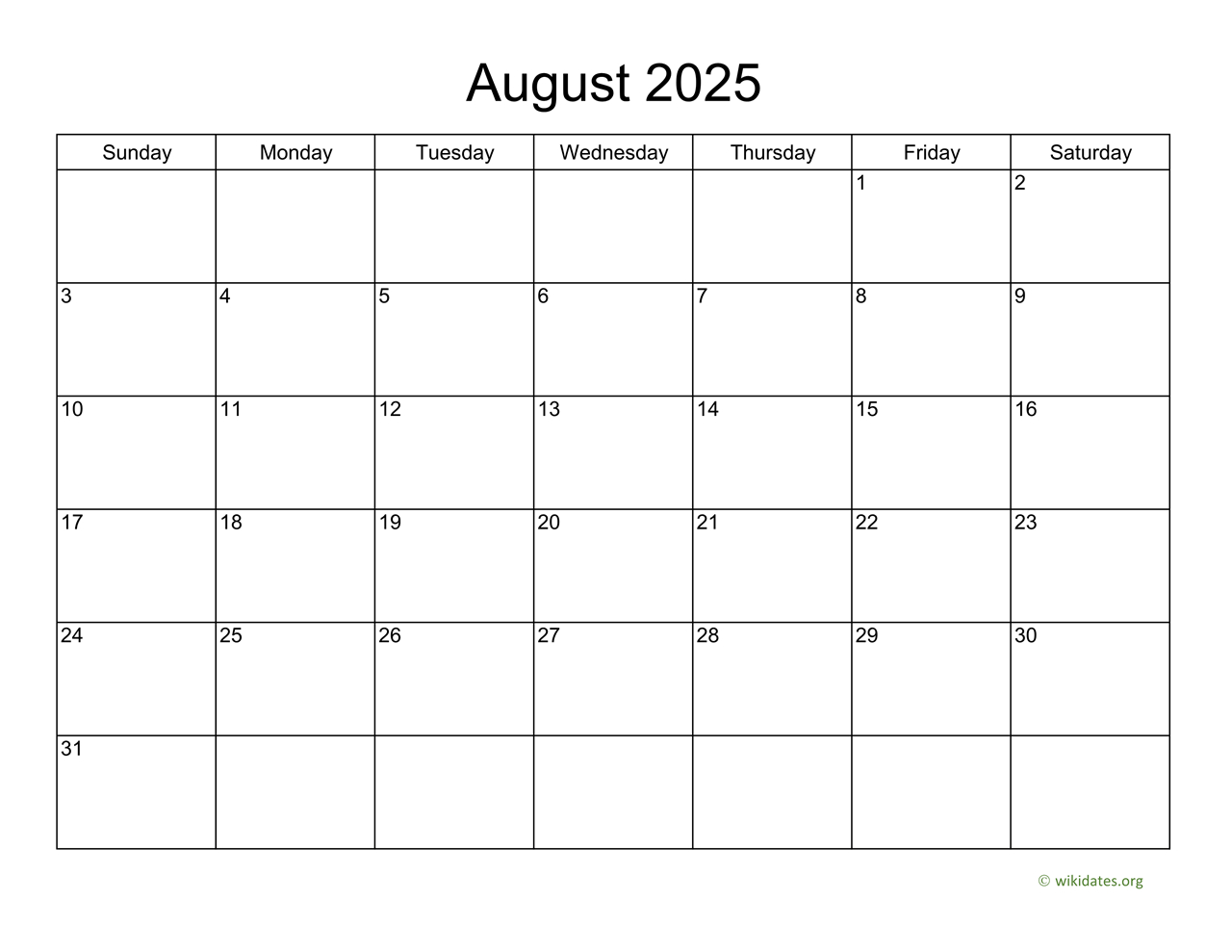 Basic Calendar For August 2025 | Wikidates - August 2025 Calendar Printable Wiki