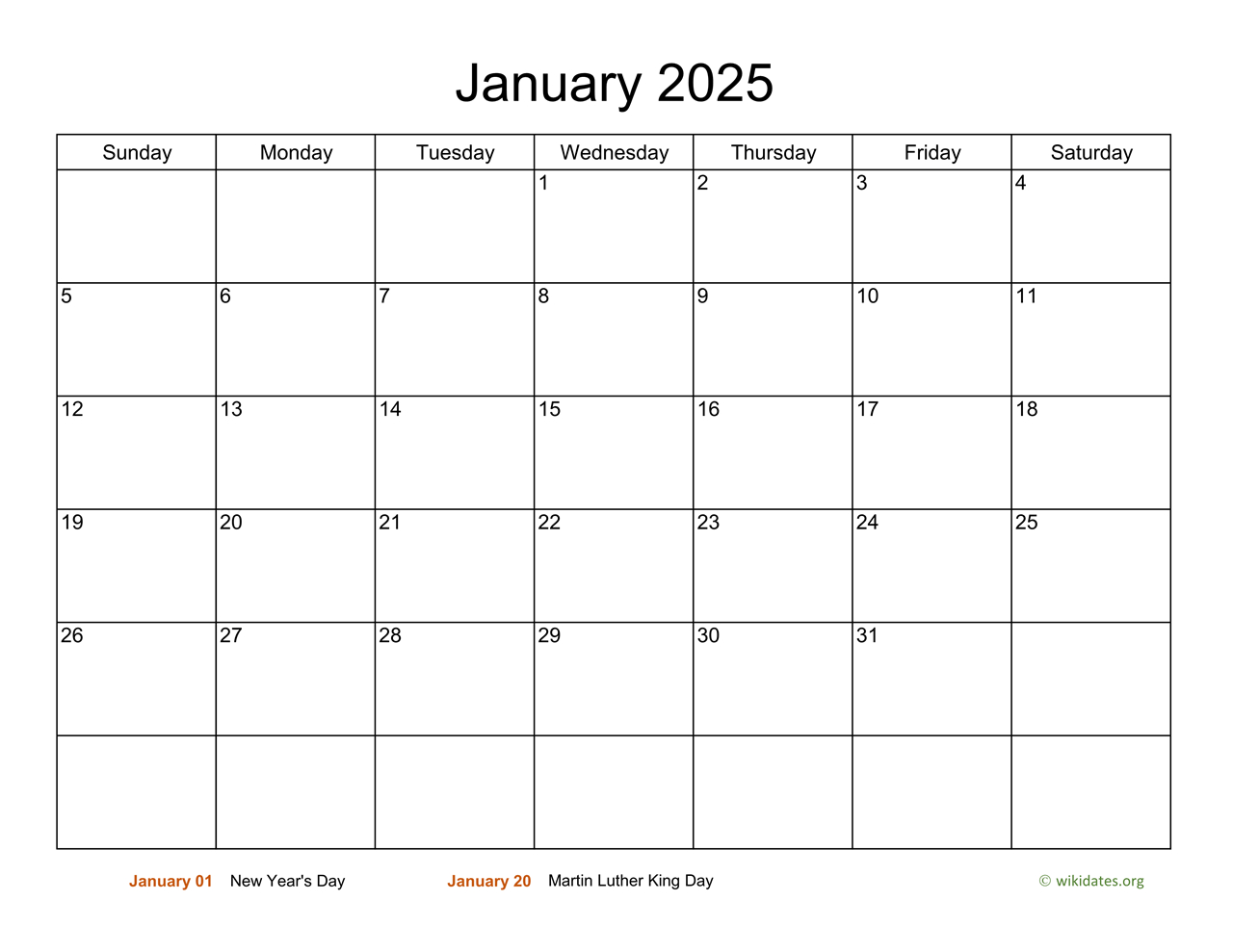 Basic Calendar For January 2025 | Wikidates - Printable Calendar 2025 January Wiki