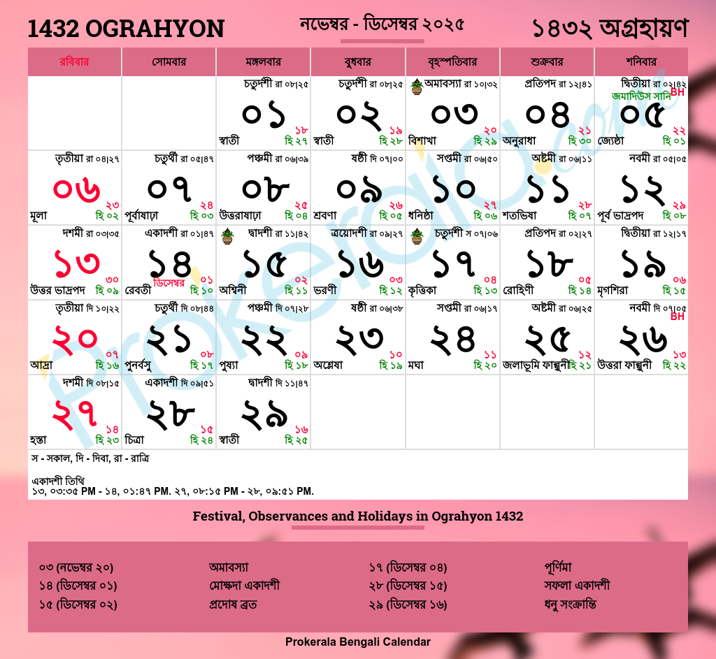 Bengali Calendar 2025 | West Bengal Festivals | West Bengal - Printable Calendar 2025 With Holidays Bangladesh