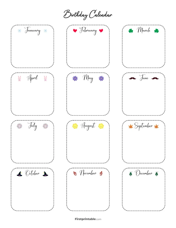 Birthday Calendar 2025 Printable