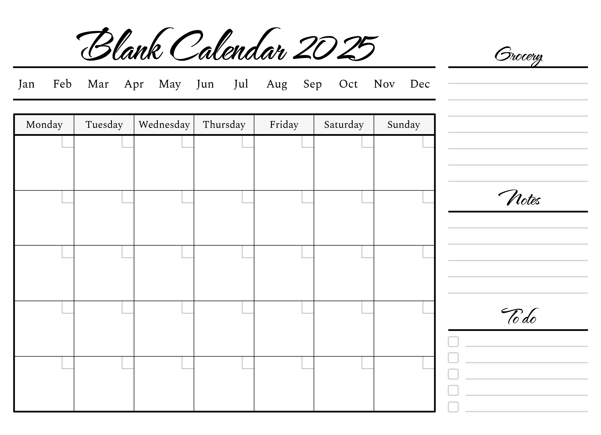 Blank Calendar Template 2025 Free Google Docs Template - Gdoc.io - Printable Calendar 2025 Blank Template