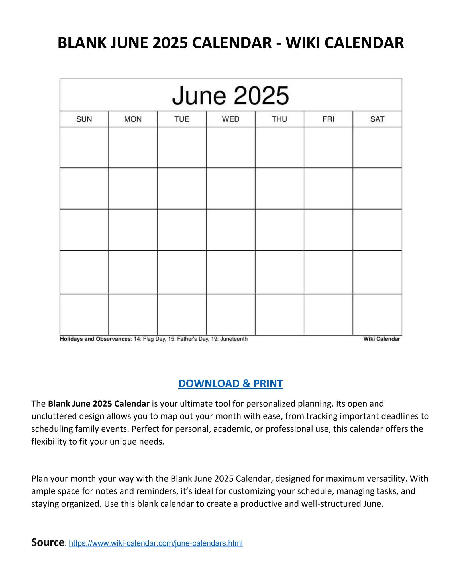 Blank June 2025 Calendar - Wiki Calendarwiki Calendar - Issuu - June Printable Calendar 2025 Wiki