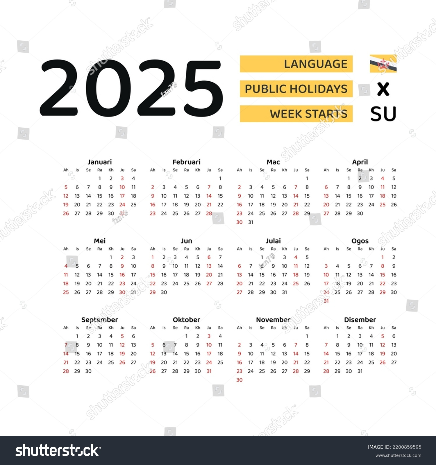Brunei Darussalam Calendar 2025 Week Starts Stock Vector (Royalty - Printable Calendar 2025 Brunei