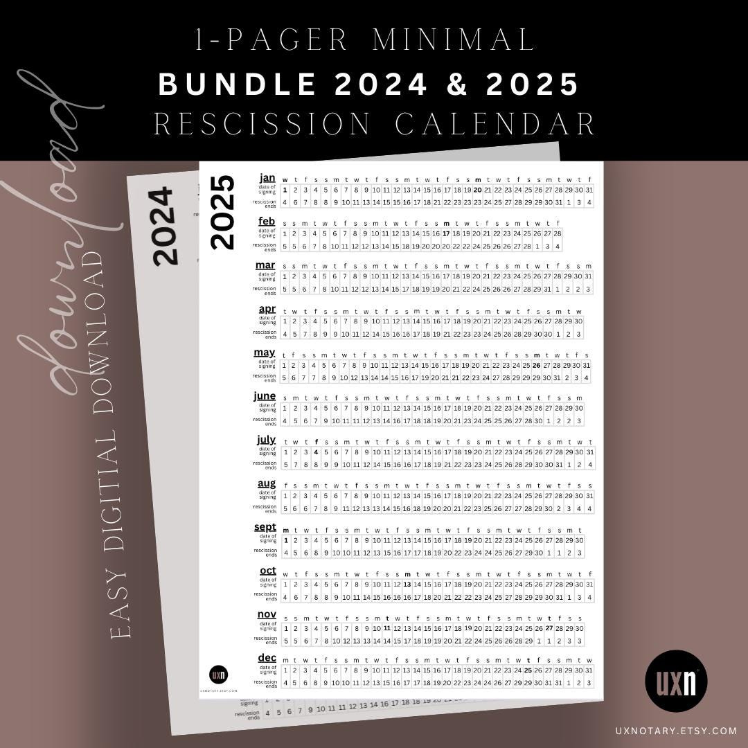 Bundle 2024 &amp;amp; 2025 Rescission Calendar Minimal Design | Loan - 2025 Rescission Calendar Printable