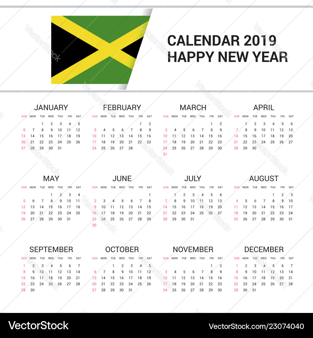 Calendar 2019 Jamaica Flag Background English Vector Image - Printable Calendar 2025 Jamaica