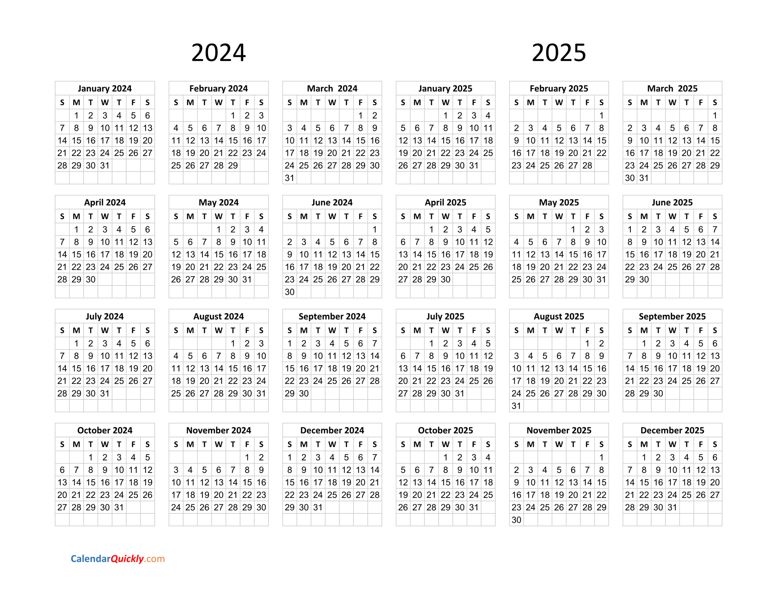 Calendar 2024 And 2025 On One Page | Calendar Quickly - Two Year Calendar 2024 and 2025 Printable