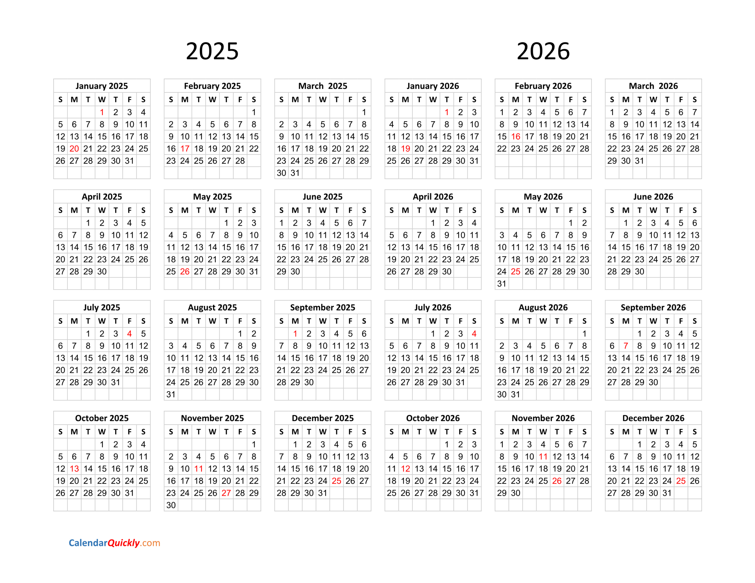 Calendar 2025 And 2026 On One Page | Calendar Quickly - Printable Calendar 2025 to 2026