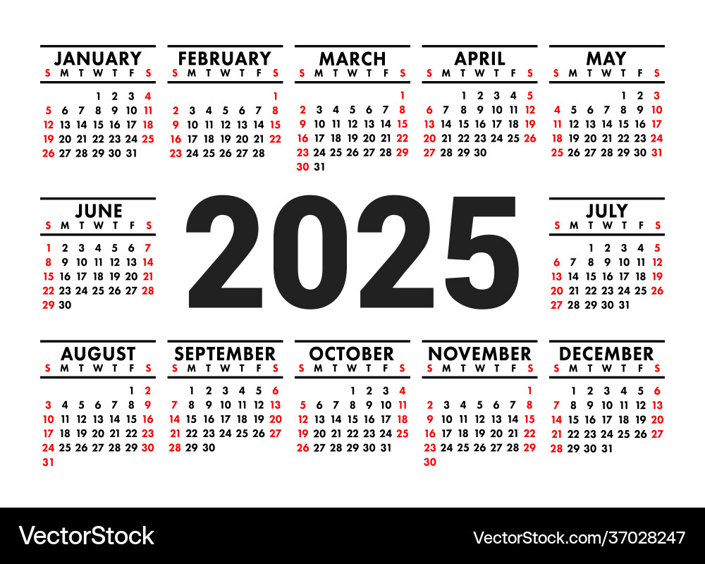 Calendar 2025 English Horizontal Wall Or Pocket Vector Image - Printable Pocket Calendar 2025