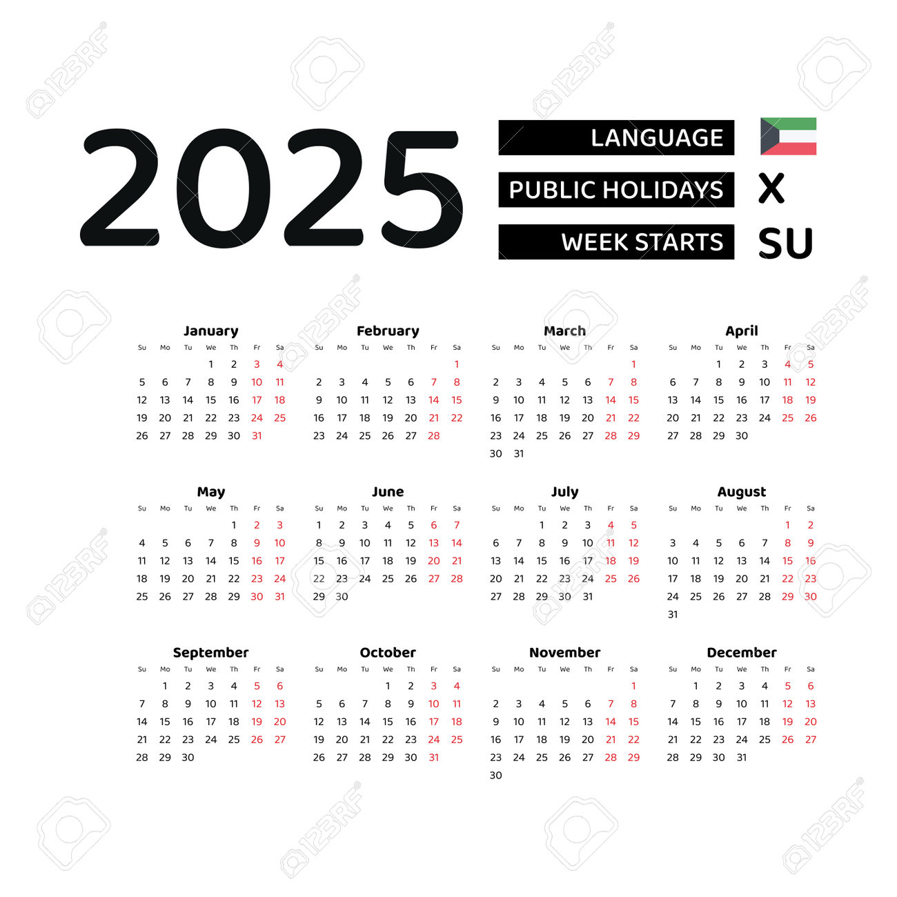 Calendar 2025 English Language With Kuwait Public Holidays. Week - Printable Calendar 2025 with Holidays Kuwait