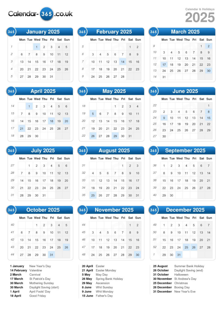 Printable Calendar 2025 Uk
