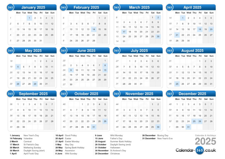 Printable Calendar 2025 with Holidays Uk