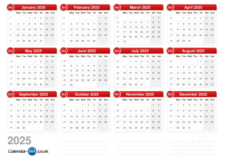 Printable Calendar 2025 with Week Numbers Uk
