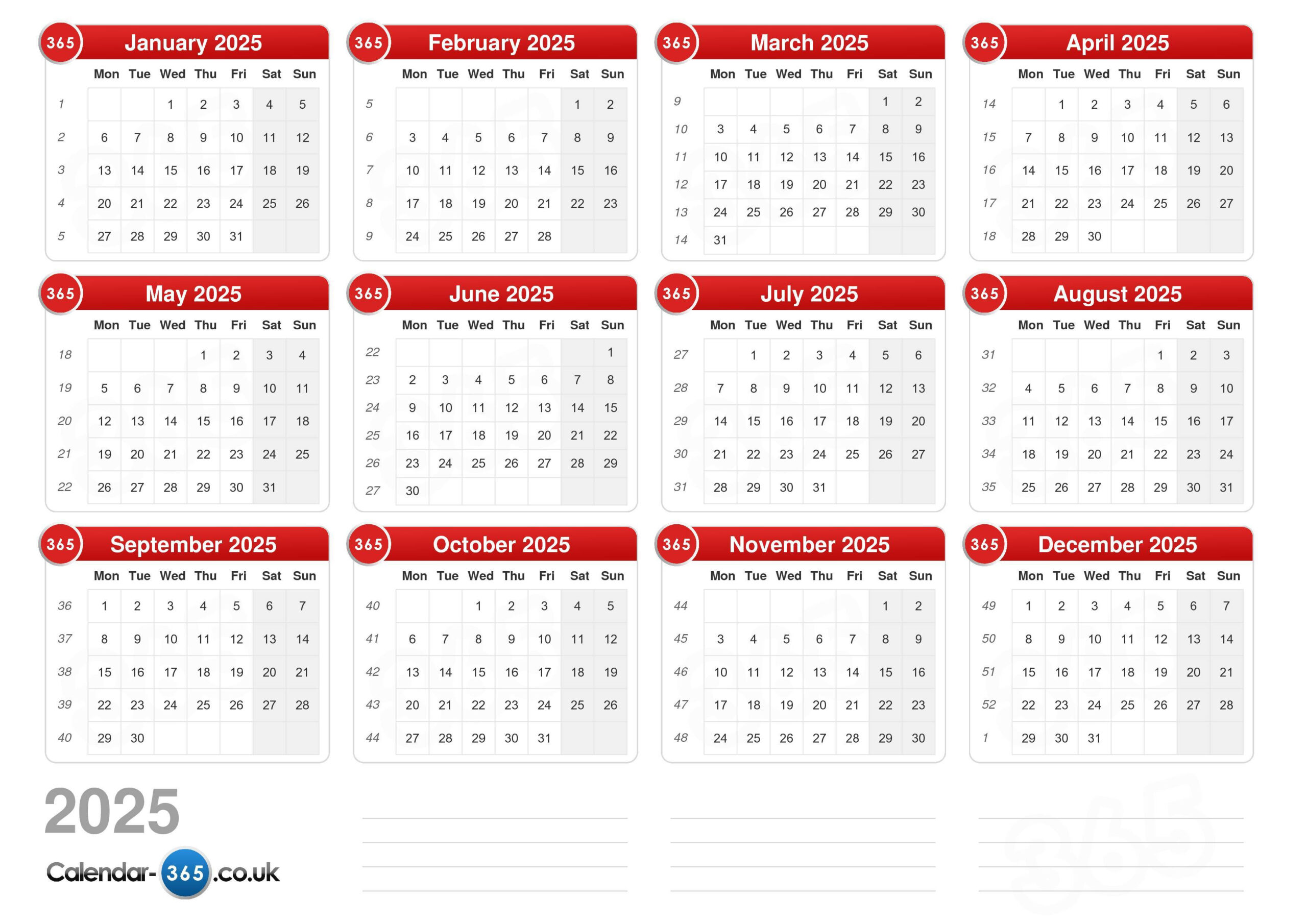 Calendar 2025 - Printable Calendar 2025 with Week Numbers Uk
