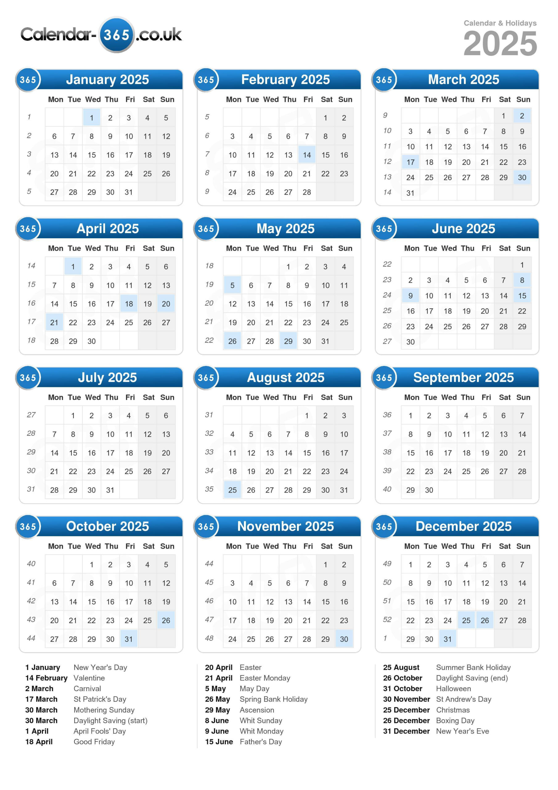 Calendar 2025 - Printable Calendar 2025 with Week Numbers Uk