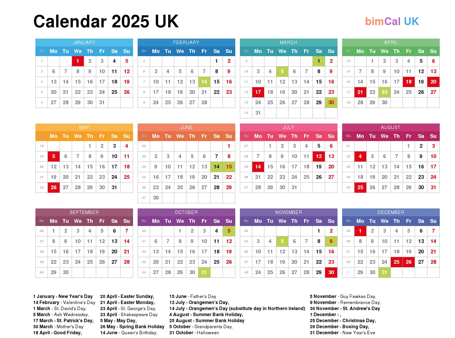 Calendar 2025 Uk - Bimcal.uk 🇬🇧 - Printable Calendar 2025 With Bank Holidays