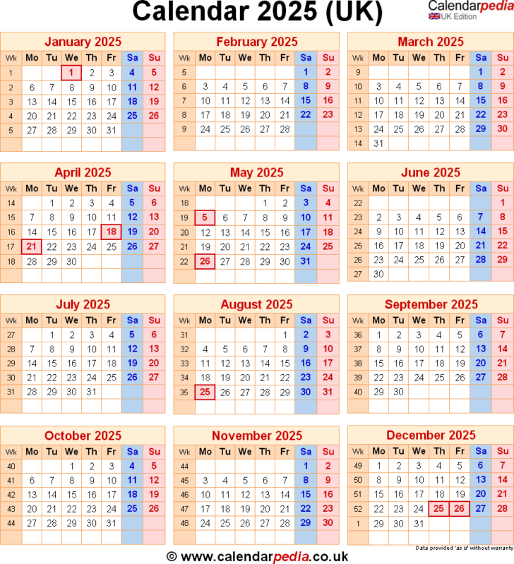 Free Printable Calendar 2025 with Holidays Uk