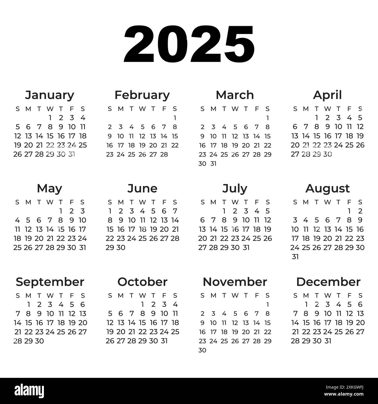 Calendar For 2025. Quarter Calendar Template For 2025 Year. Wall - Printable Calendar 2025 Grid