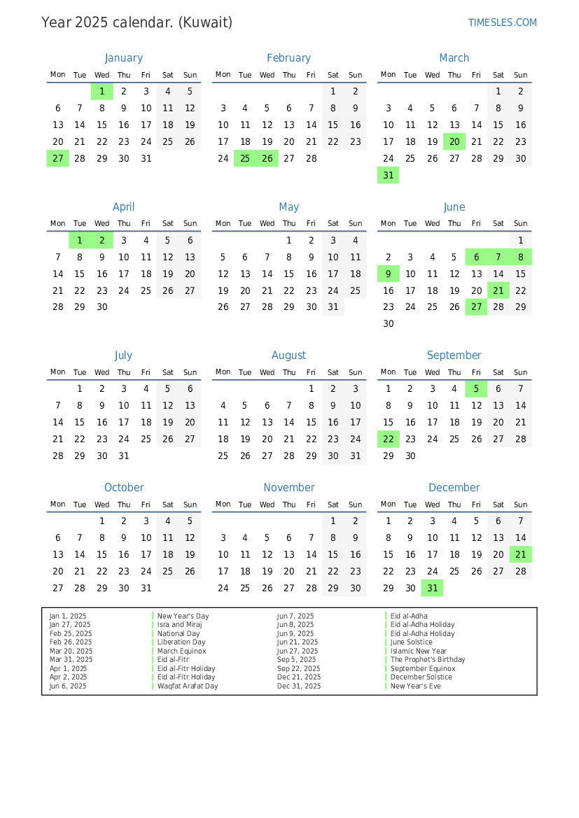 Calendar For 2025 With Holidays In Kuwait | Print And Download - Printable Calendar 2025 with Holidays Kuwait