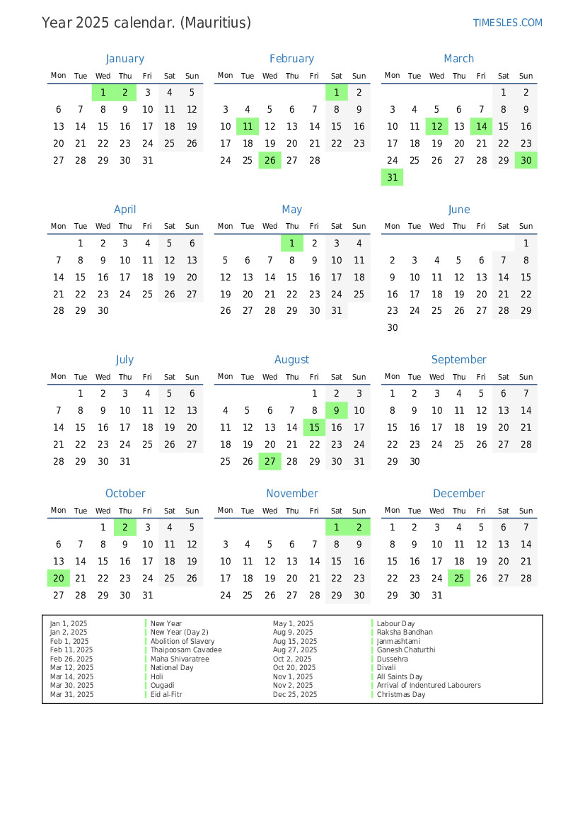 Calendar For 2025 With Holidays In Mauritius | Print And Download - Printable Calendar 2025 Mauritius