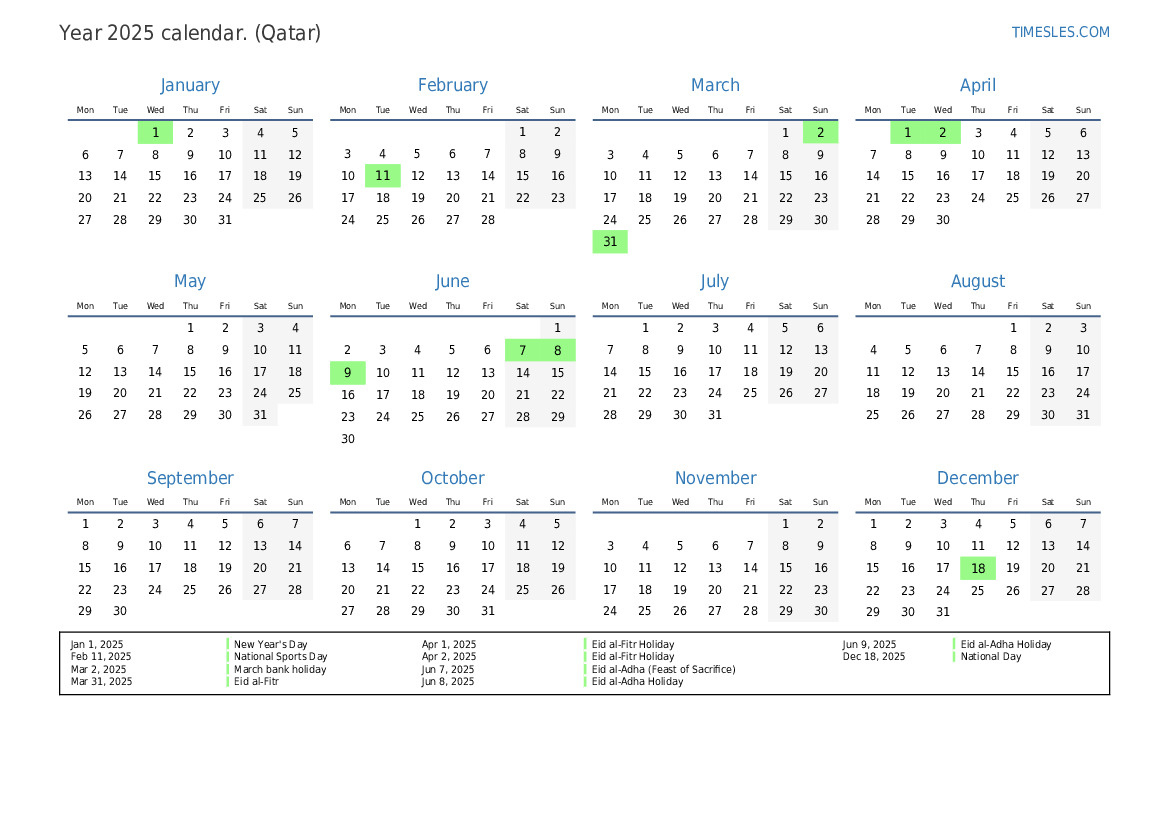 Calendar For 2025 With Holidays In Qatar | Print And Download Calendar - Printable Calendar 2025 Qatar