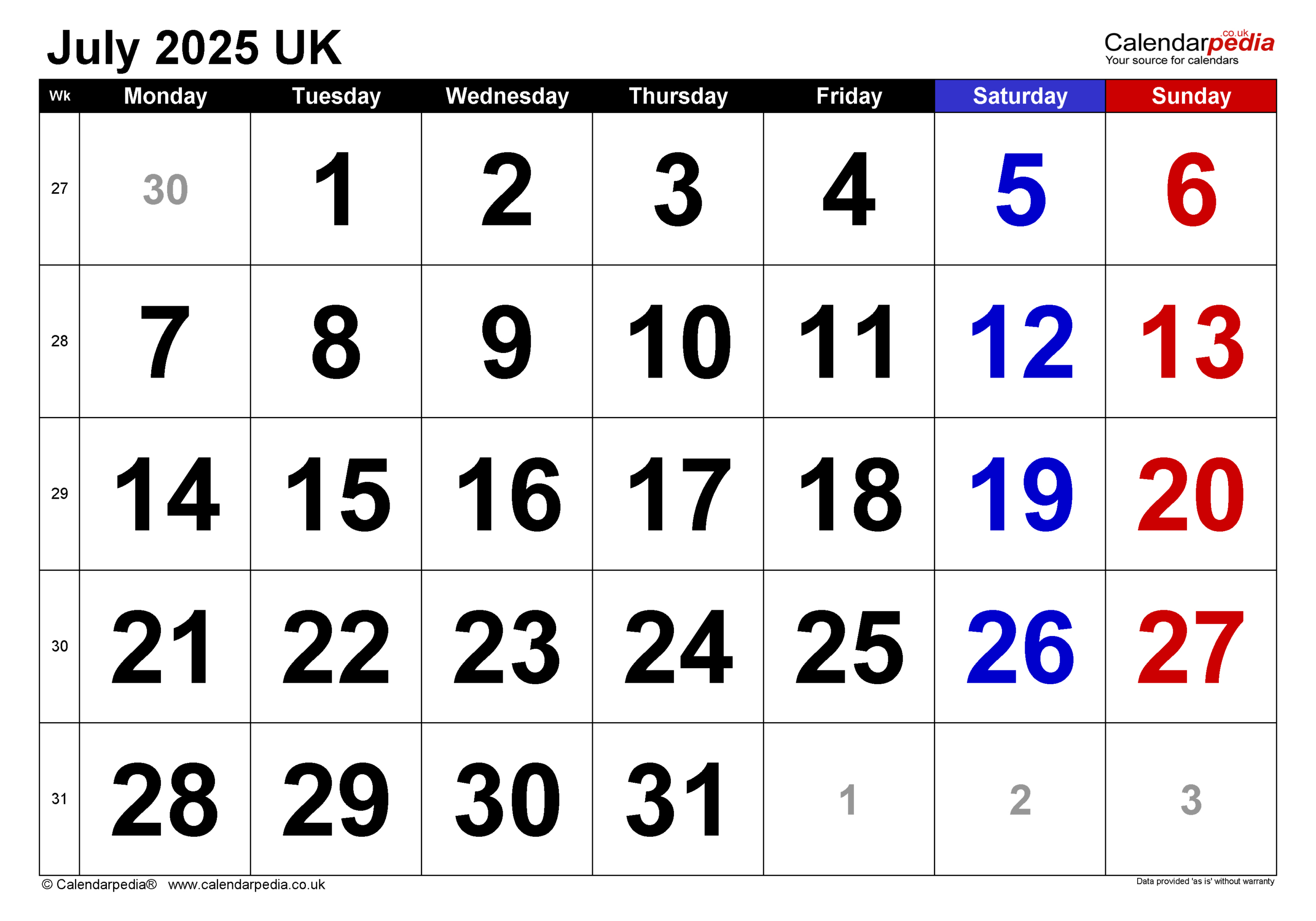 Calendar July 2025 Uk With Pdf, Excel And Word Templates - 2025 July And July Calendar