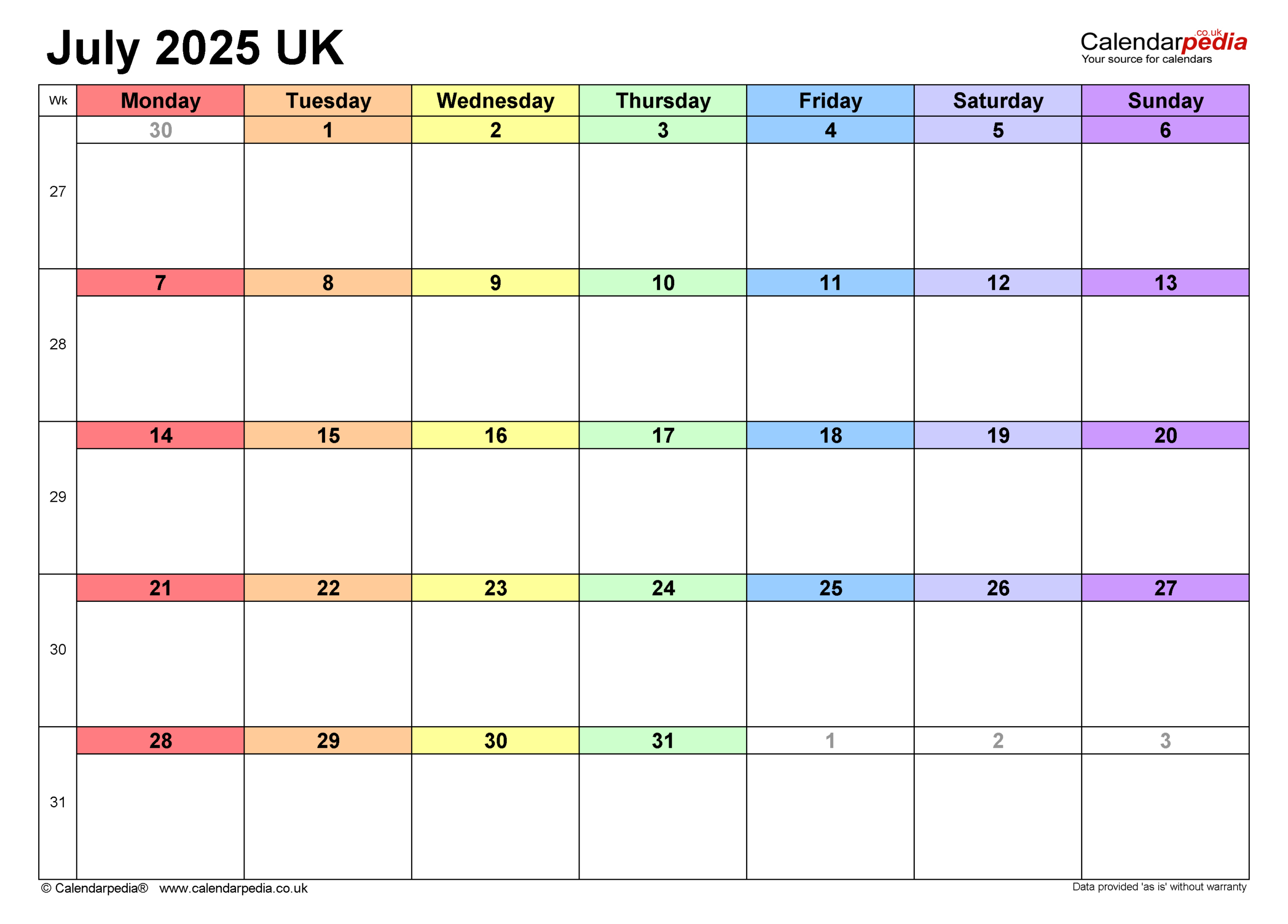 Calendar July 2025 Uk With Pdf, Excel And Word Templates - July 2025 Calendar Excel