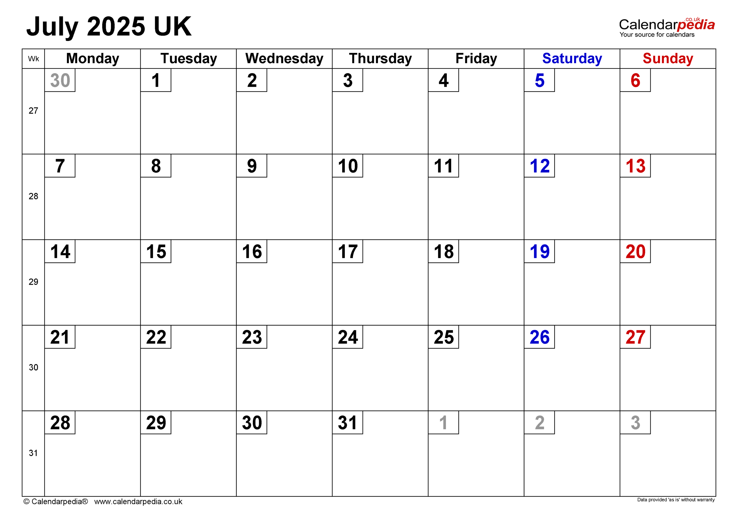 Calendar July 2025 Uk With Pdf, Excel And Word Templates - July 2025 Calendar Excel