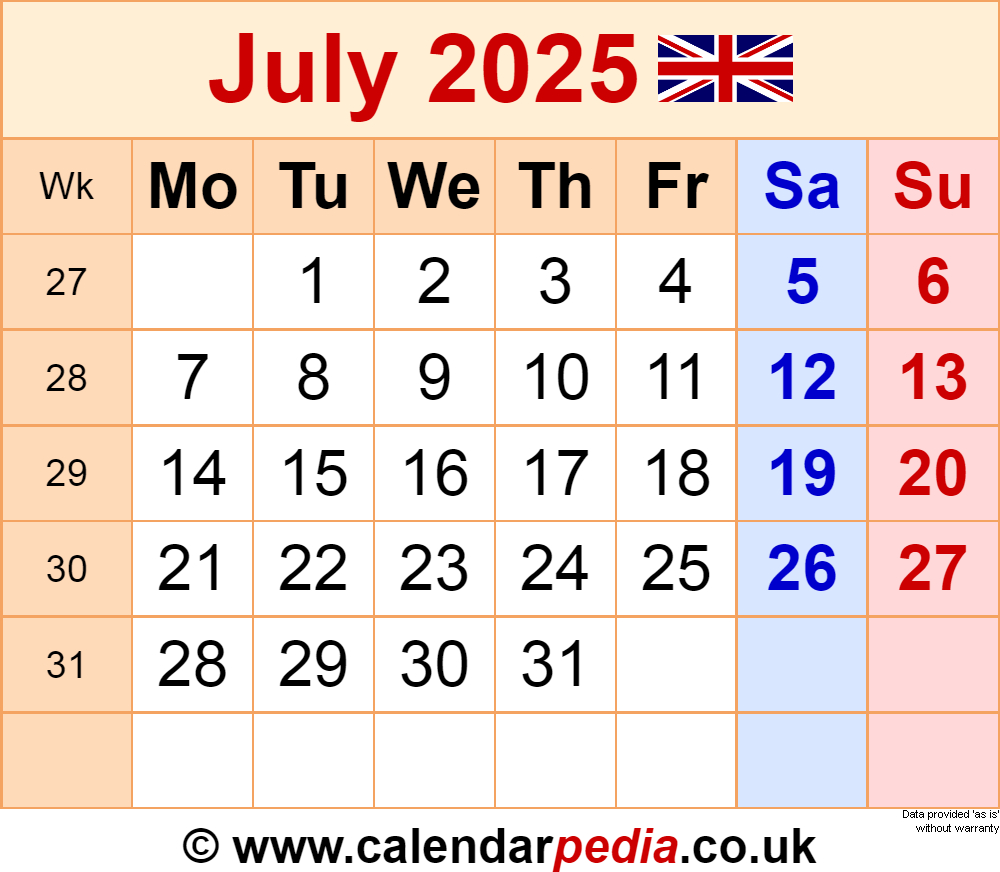 Calendar July 2025 Uk With Pdf, Excel And Word Templates - July Calendar 2025 Uk