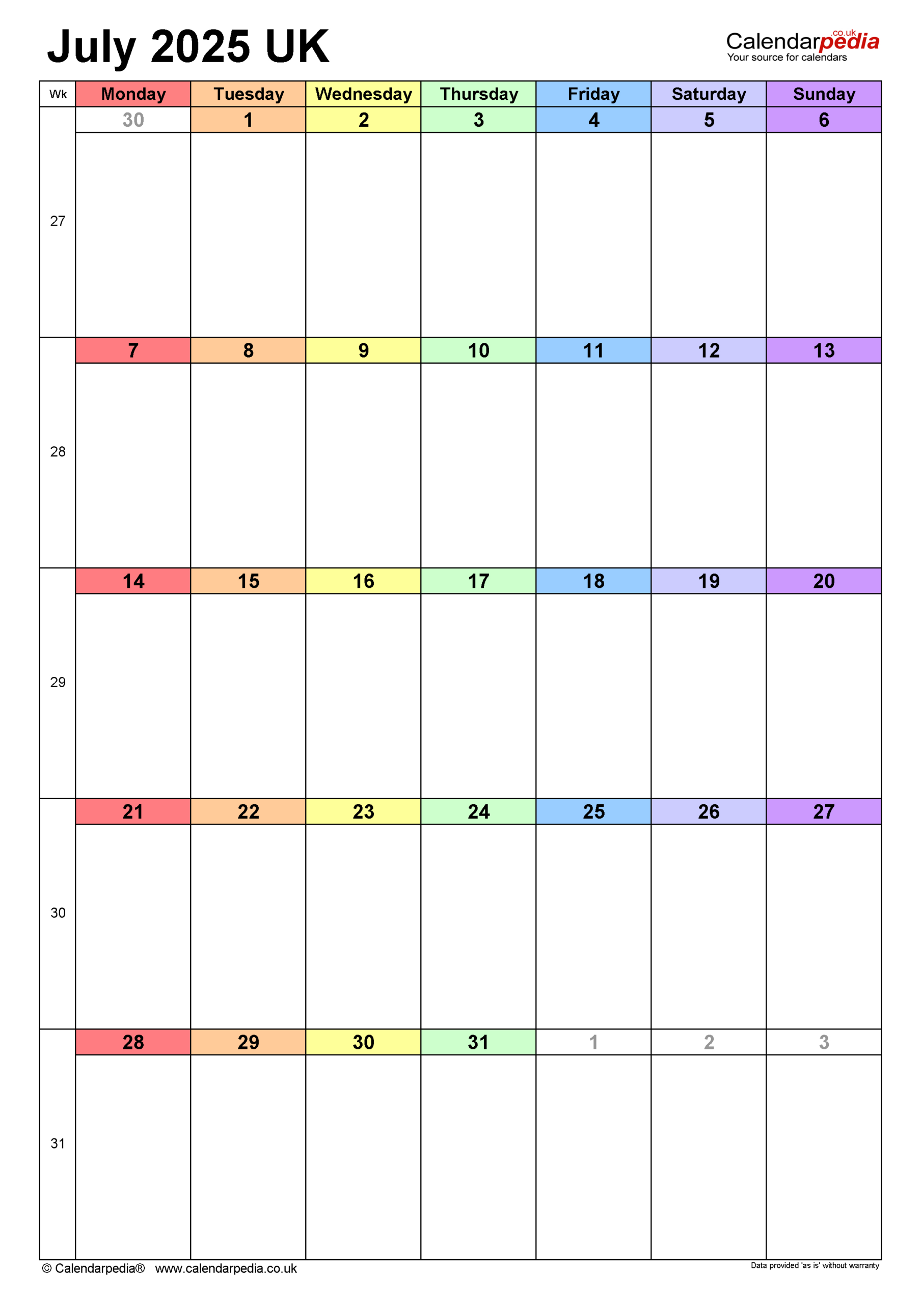 Calendar July 2025 Uk With Pdf, Excel And Word Templates - July Calendar 2025 Word