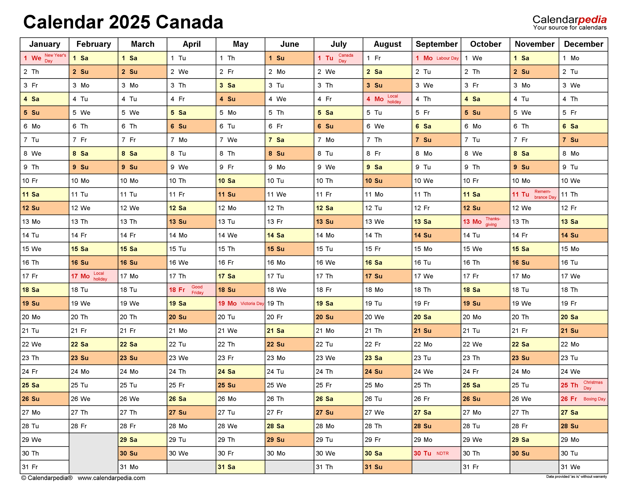 Canada Calendar 2025 - Free Printable Pdf Templates - Free Printable Calendar 2025 Canada Download