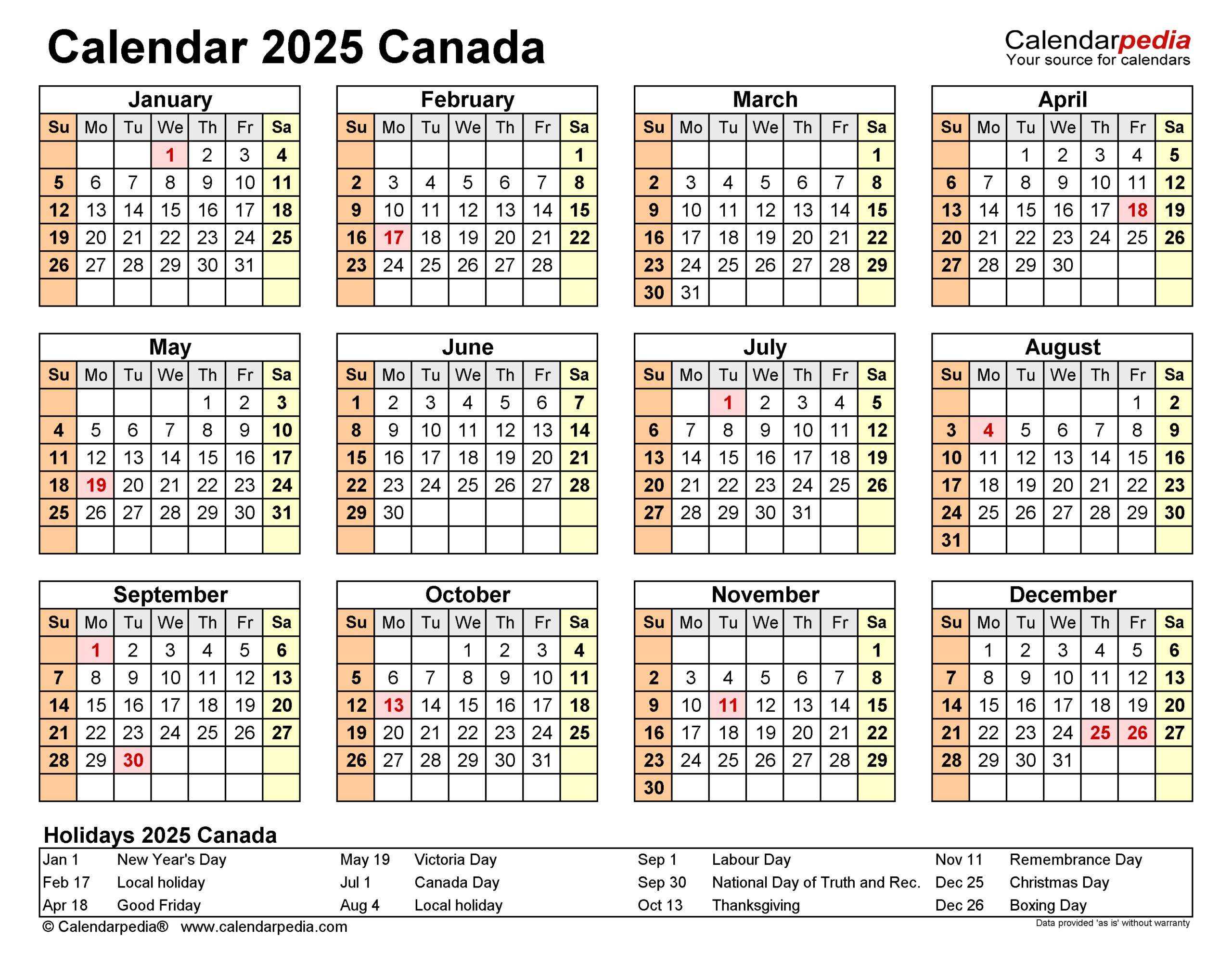 Canada Calendar 2025 - Free Printable Pdf Templates - Printable Calendar 2025 Canadian Holidays