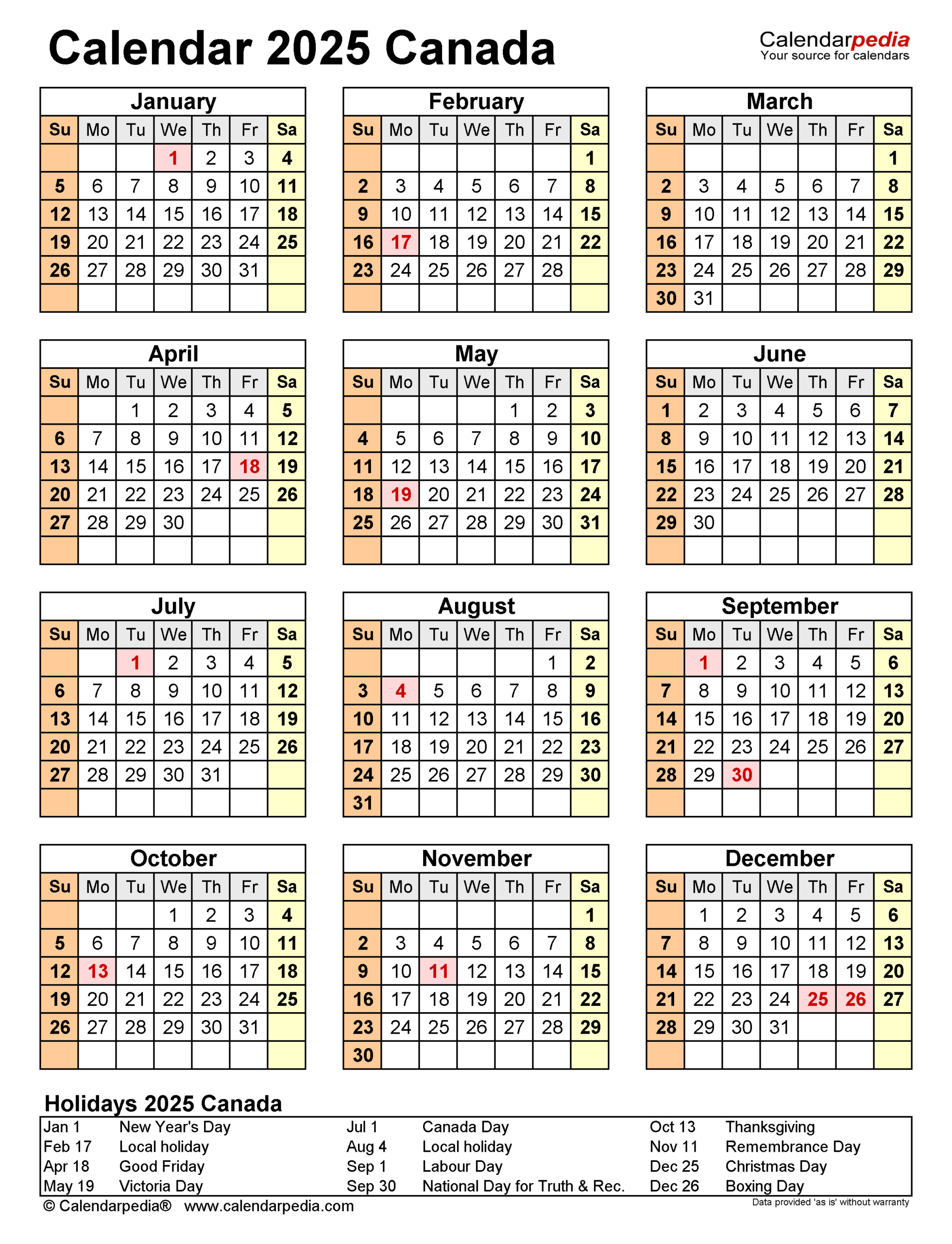 Canada Calendar 2025 - Free Printable Pdf Templates -