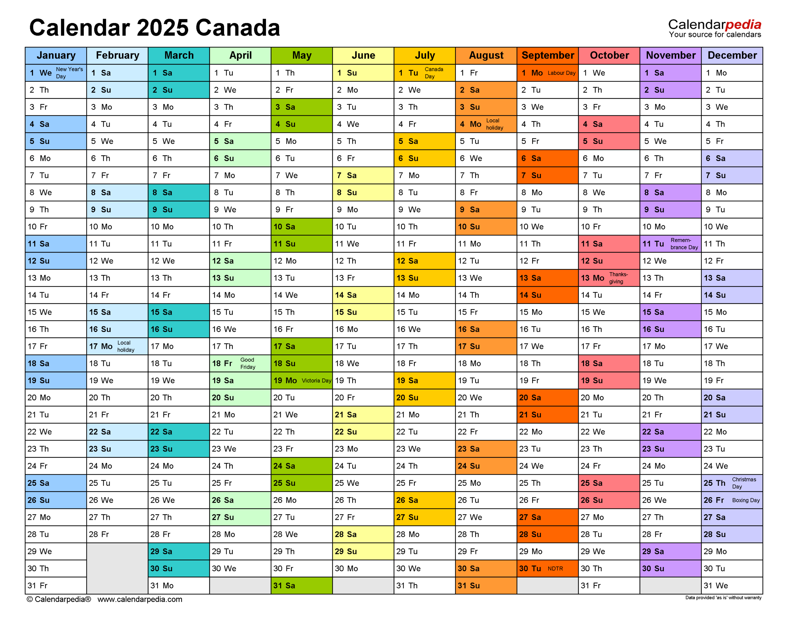 Canada Calendar 2025 - Free Printable Word Templates - Free Printable Calendar 2025 Canada Word