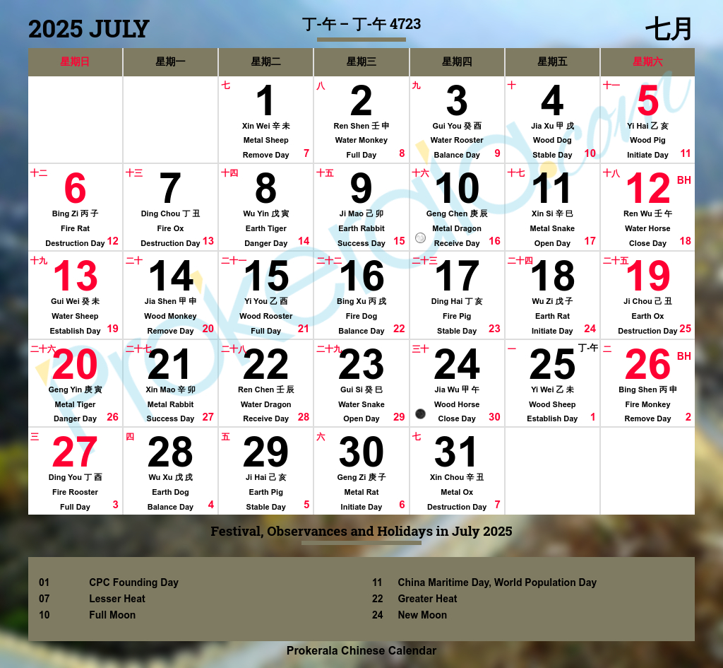 Chinese Calendar 2025, July | 十一月 2025 - July 2025 Chinese Calendar