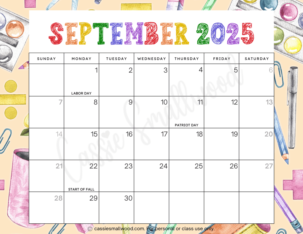 Cute 2025 Free Printable Monthly Calendars - Cassie Smallwood - Free Printable September 2025 Calendar with Holidays