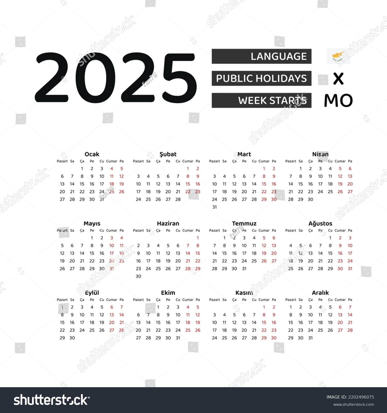 Cyprus Calendar 2025 Week Starts Monday Stock Vector (Royalty Free - Printable Calendar 2025 Cyprus