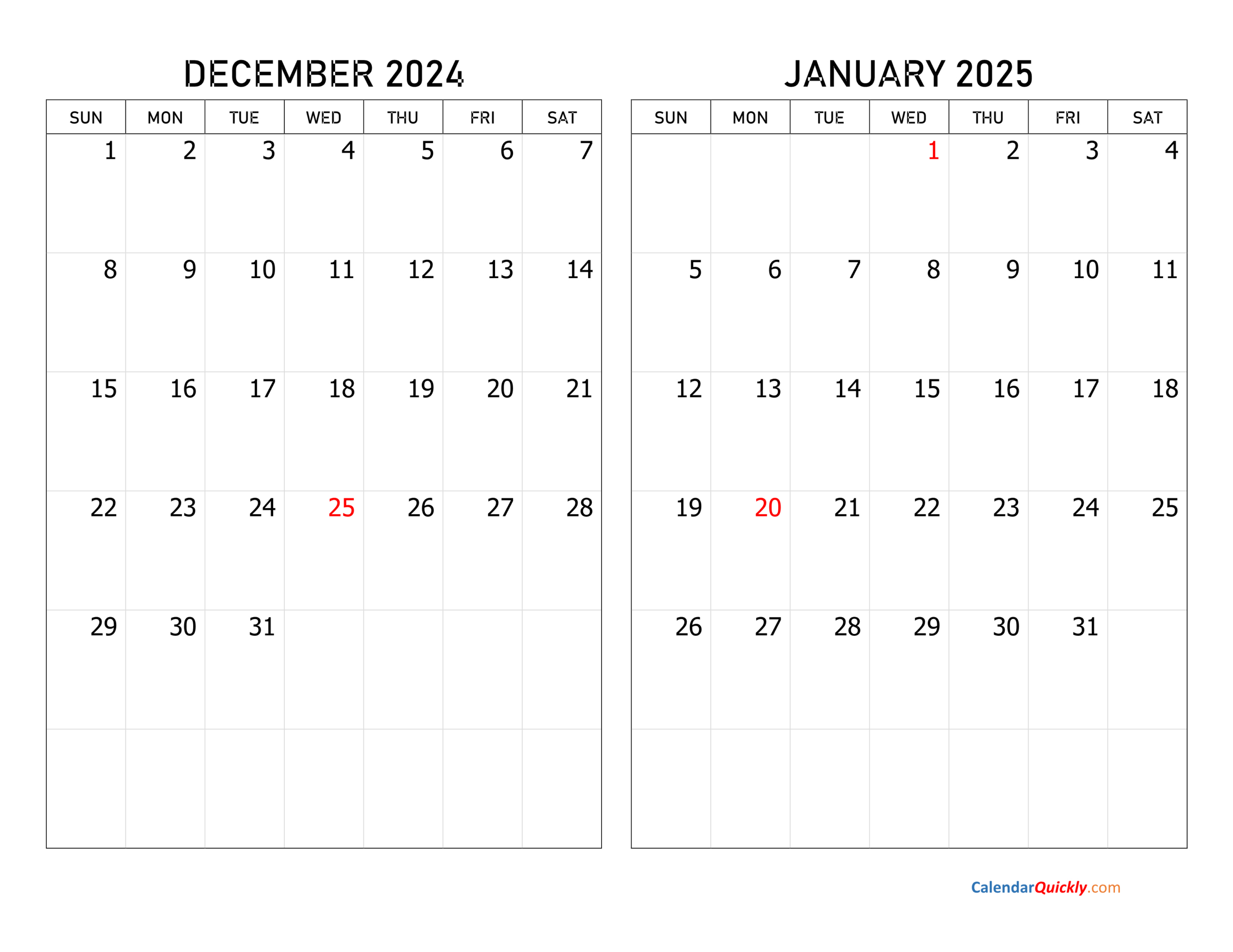 December 2024 And January 2025 Calendar | Calendar Quickly - Printable Calendar Dec 2024 Jan 2025
