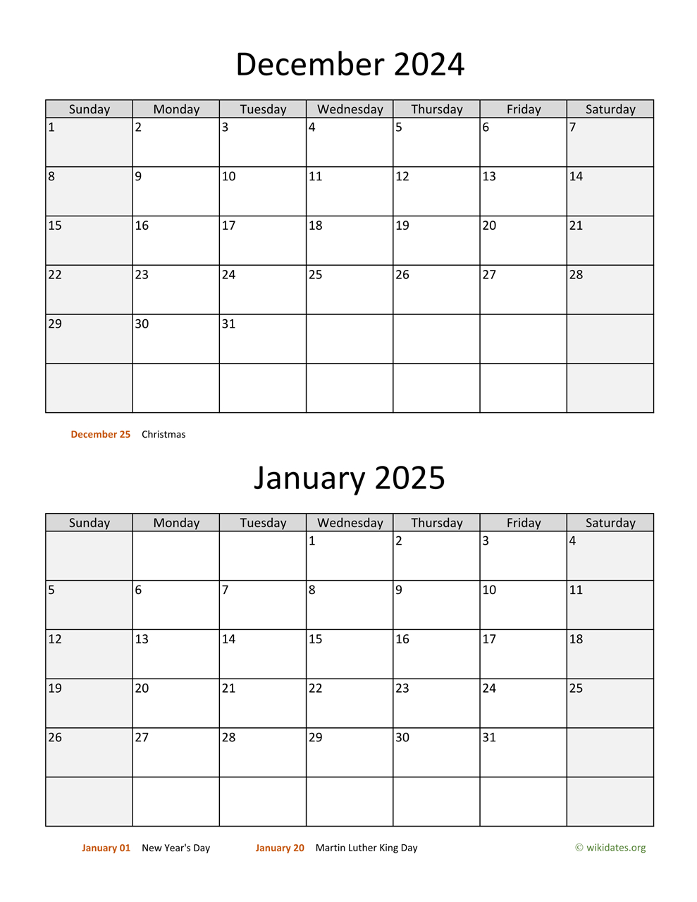 December 2024 And January 2025 Calendar | Wikidates - Printable Calendar Dec 2024 Jan 2025