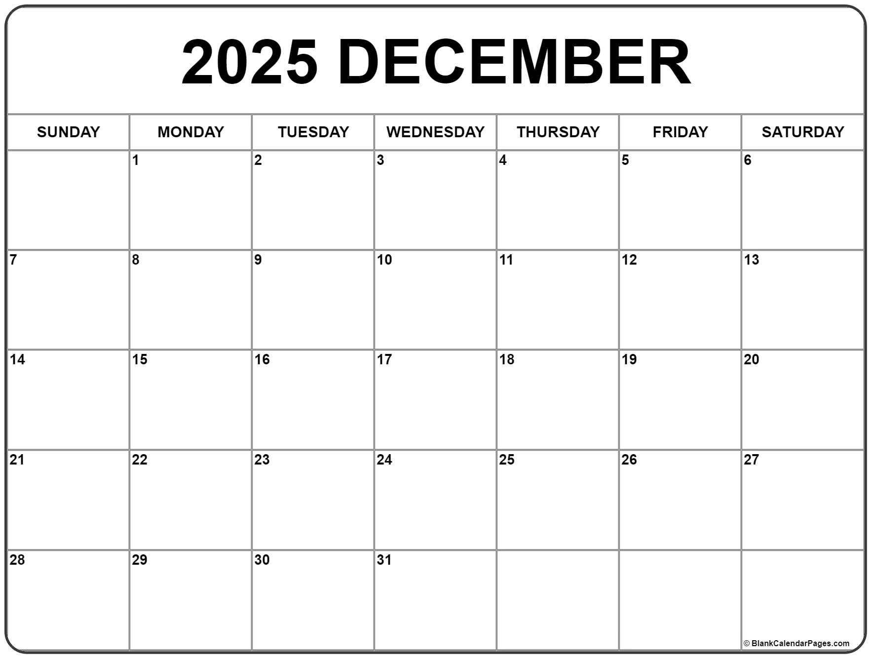 December 2025 Calendar | Free Printable Calendars - December Printable Calendar 2025