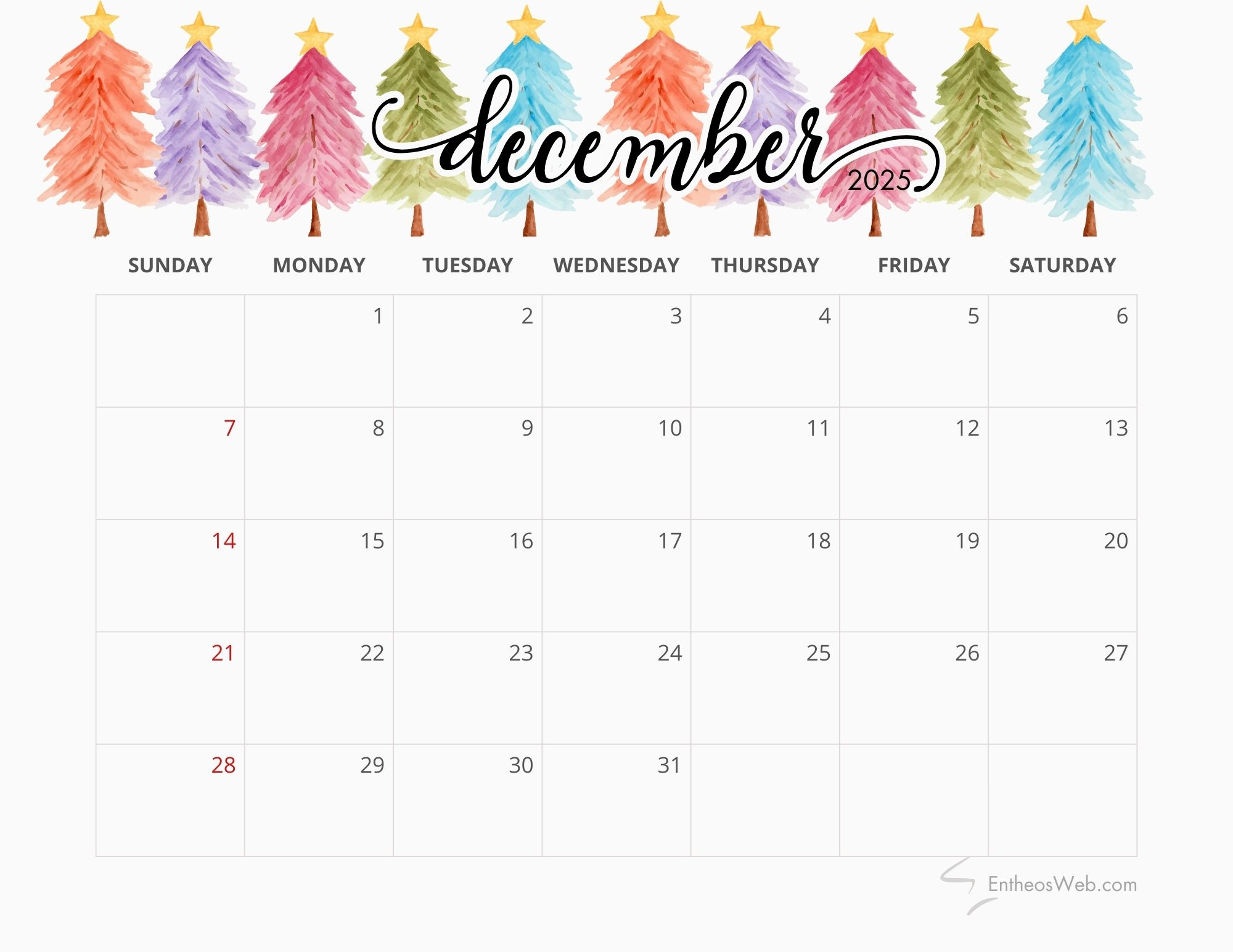 December 2025 Calendar Printables | Entheosweb - Dec 2025 Calendar Printable Free