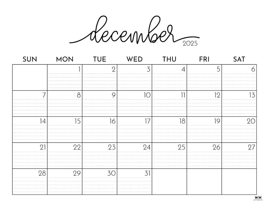 December 2025 Calendars - 107 Free Printables | Printabulls - Printable Calendar With Lines 2025