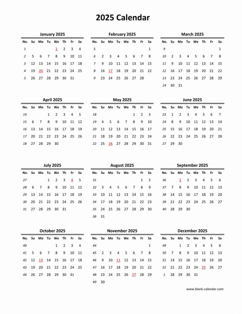 Download Blank Calendar 2025 (12 Months On One Page, Vertical) - Free Printable Calendar 2025 Vertical