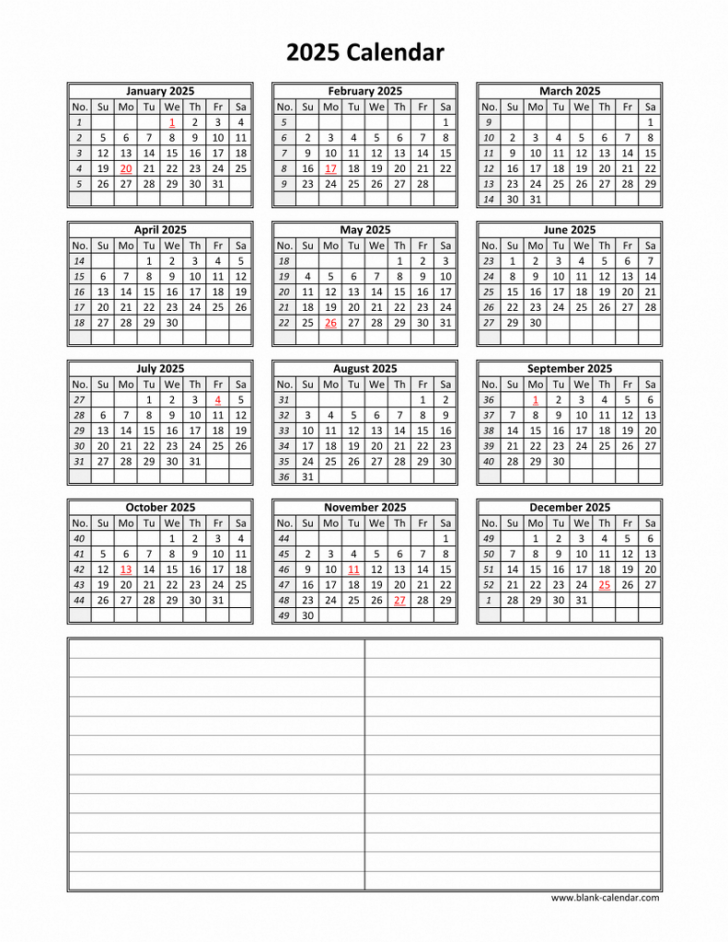 Free Printable Calendar 2025 with Notes