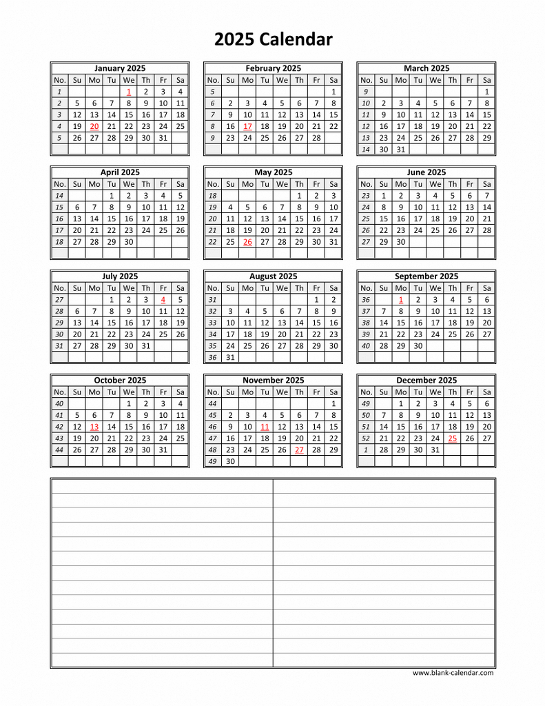 Download Blank Calendar 2025 With Space For Notes (12 Months On - Printable Calendar 2025 With Notes Section