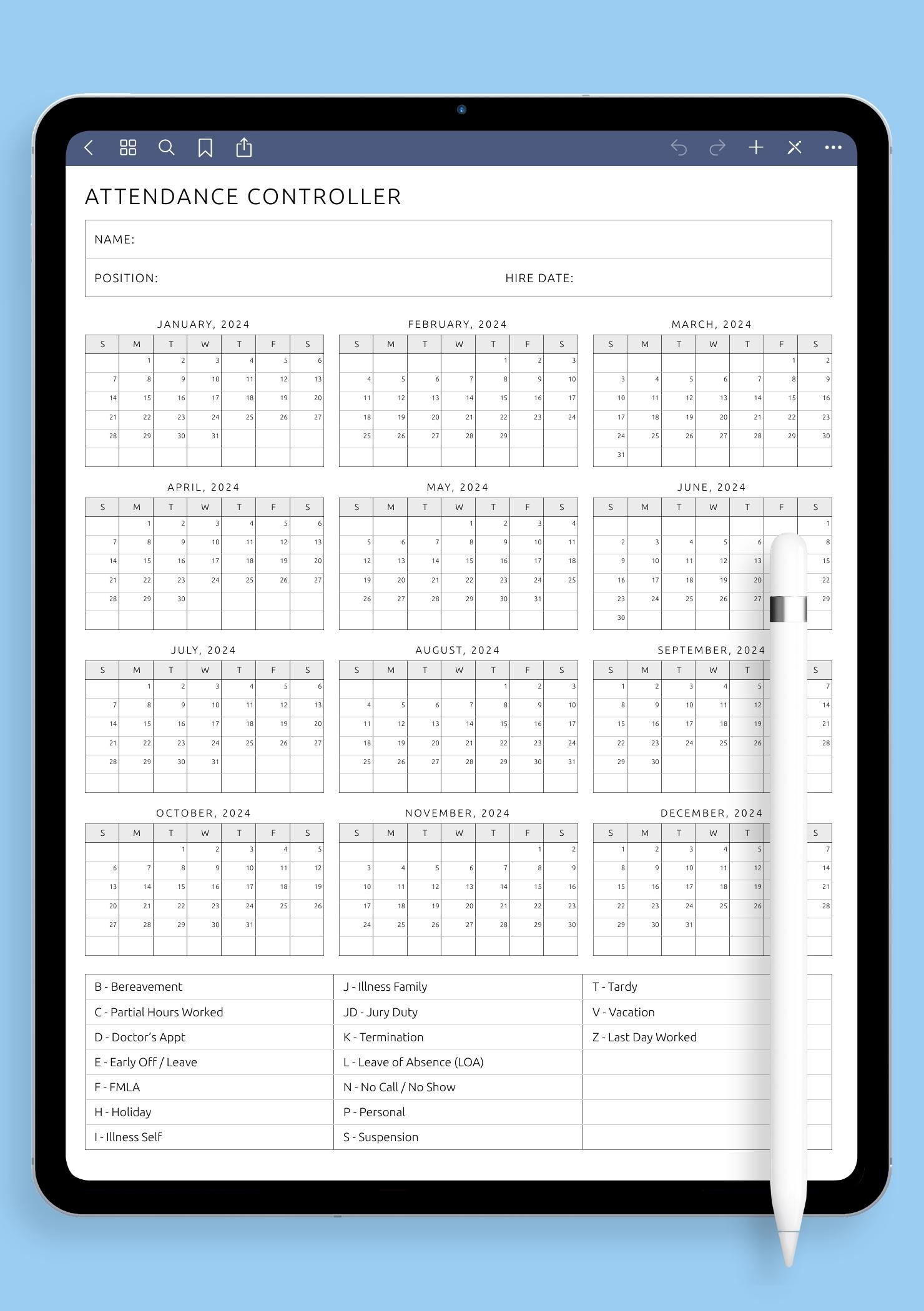 Download Printable Attendance Controller Template Pdf - 2025 Employee Attendance Calendar Printable Free